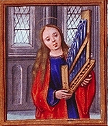 St. Cecilia wearing a blue tunic and a red cloak playing the portative organ.